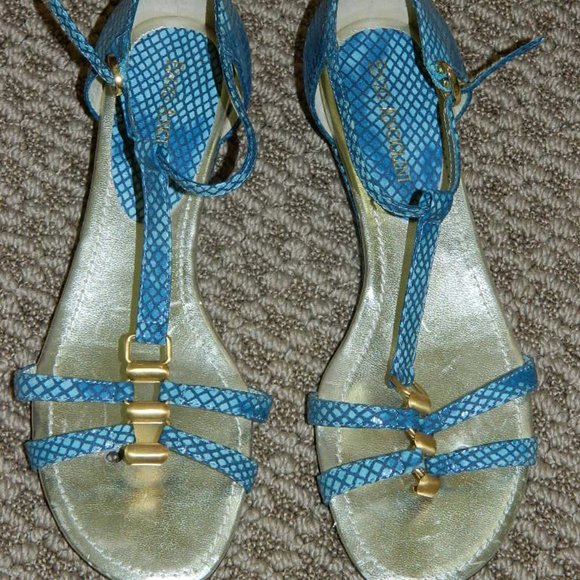 Enzo Angiolini Peacock Blue Snake Embossed Design Low Wedge Sandals , Size 6 - Picture 1 of 9